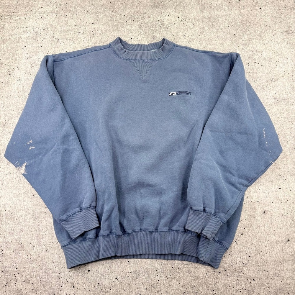 Y2K Reebok Embroidered Logo Blue Fleece Pullover Crewneck Sweater Adult Large